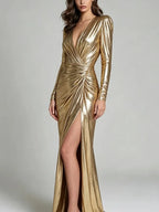 Women's Metallic Ruched Wrap Maxi Dress 2