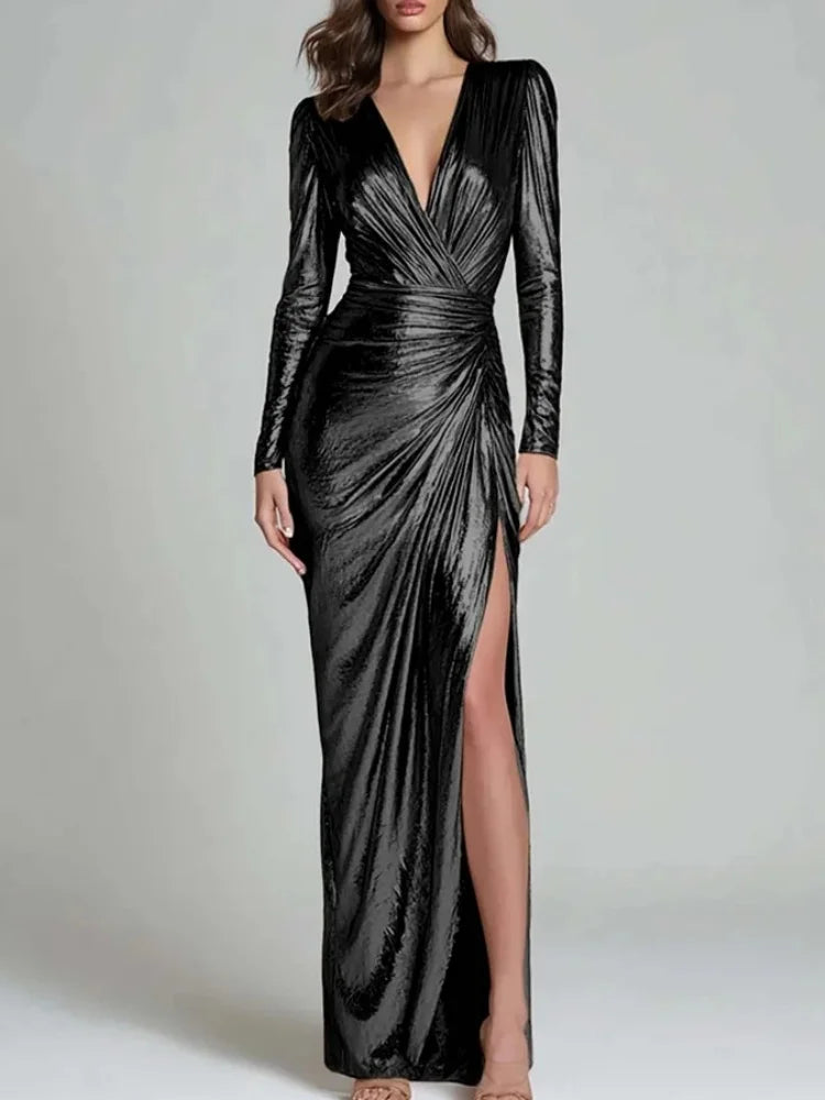 Women's Metallic Ruched Wrap Maxi Dress 6