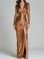 Women's Metallic Ruched Wrap Maxi Dress 8