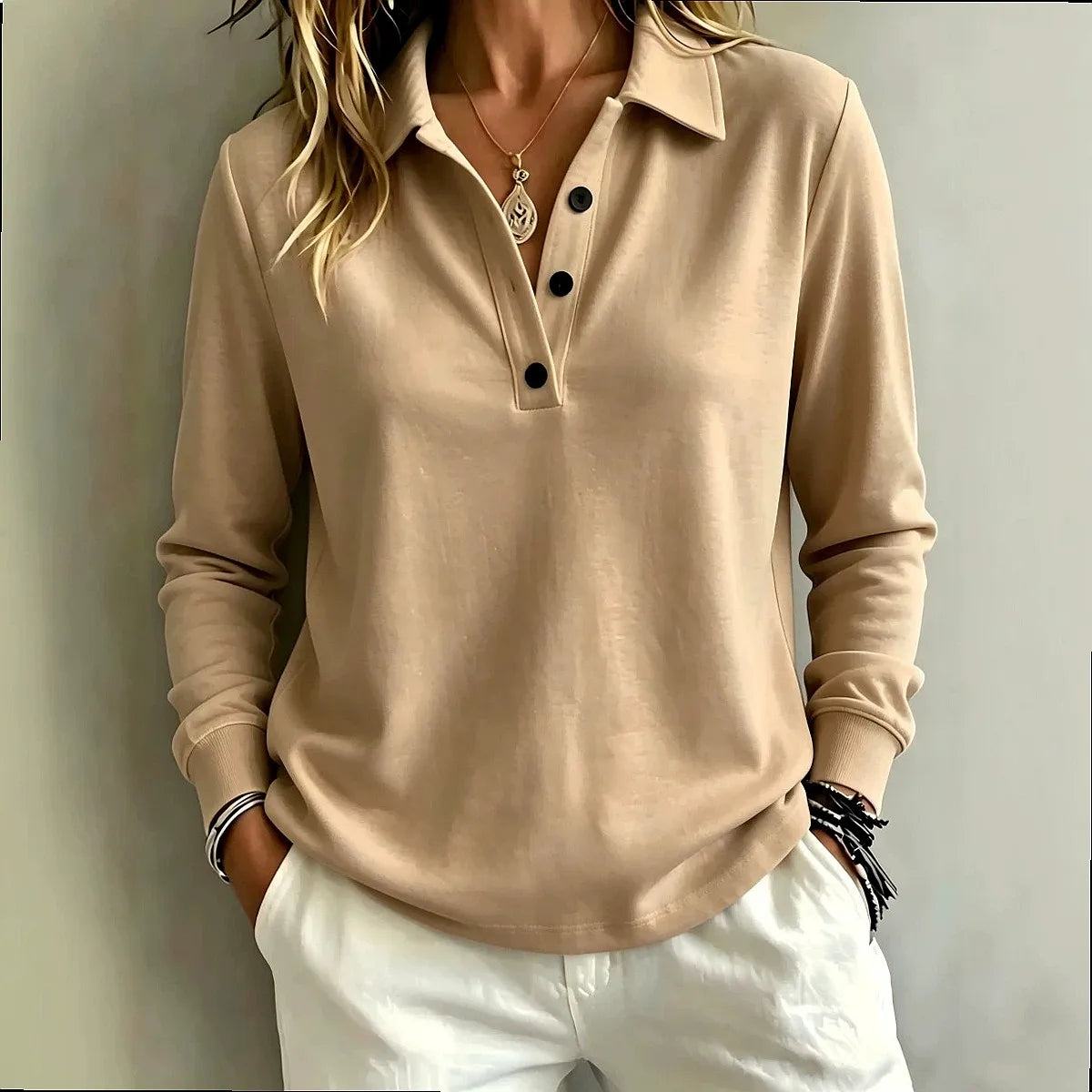 Women's Long-Sleeve Button Polo Top 2