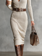 Women's V-Neck Belted Midi Sweater Dress 3