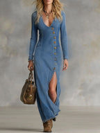 Women's Denim V-Neck Button-Down Maxi Dress 1