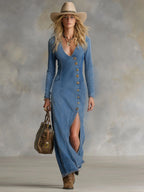 Women's Denim V-Neck Button-Down Maxi Dress 4