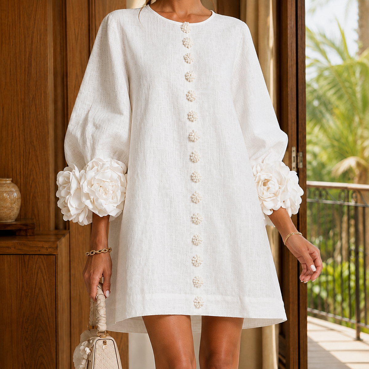 Women's Floral-Appliqué Balloon-Sleeve Mini Dress 8