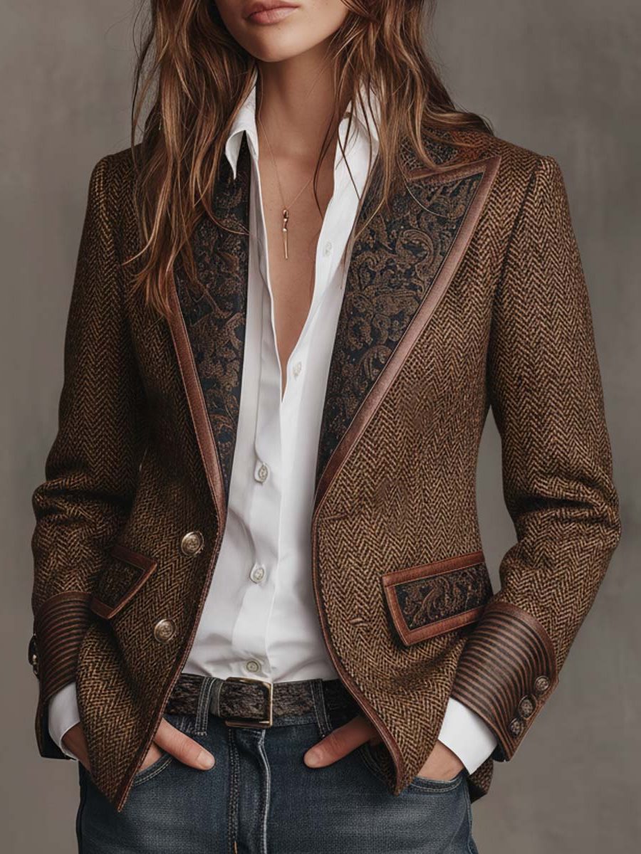 Women's Herringbone Lapel Button Blazer 2