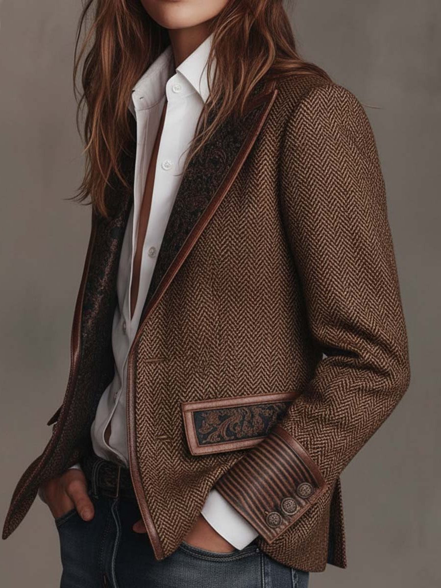 Women's Herringbone Lapel Button Blazer 10