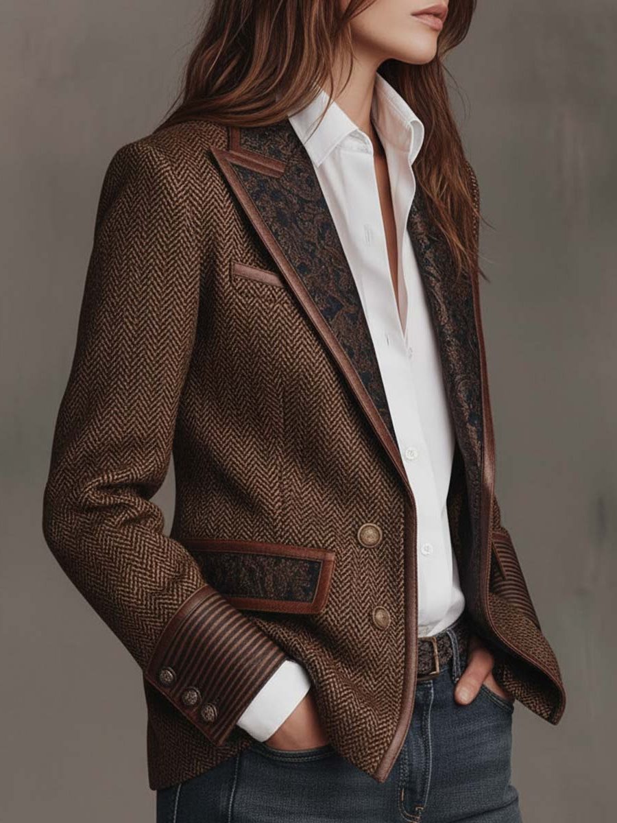 Women's Herringbone Lapel Button Blazer 11