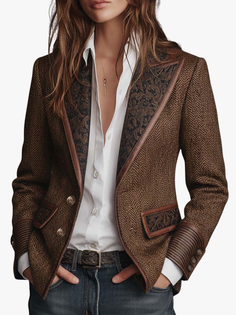Women's Herringbone Lapel Button Blazer 1