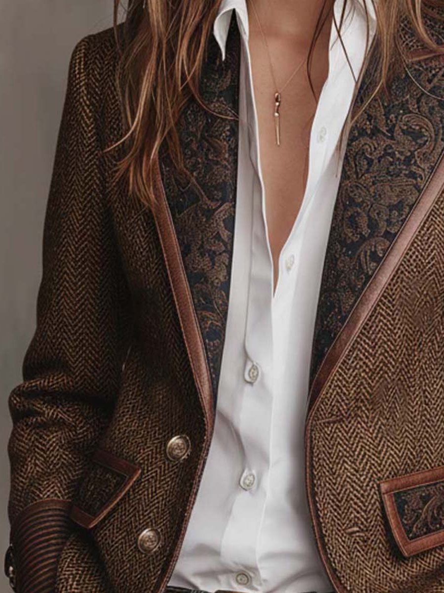 Women's Herringbone Lapel Button Blazer 8