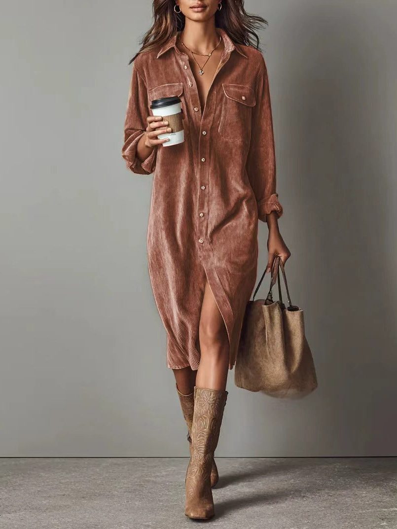 Women's Corduroy Button-Down Shirt Dress 9