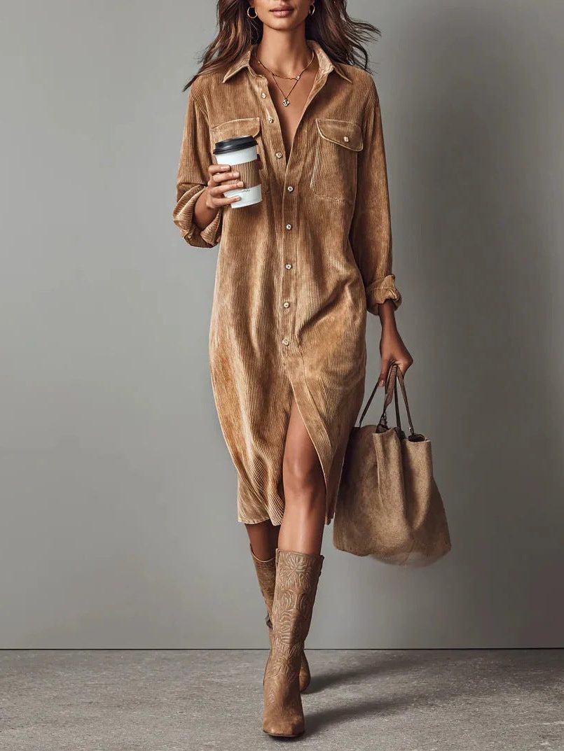 Women's Corduroy Button-Down Shirt Dress 18