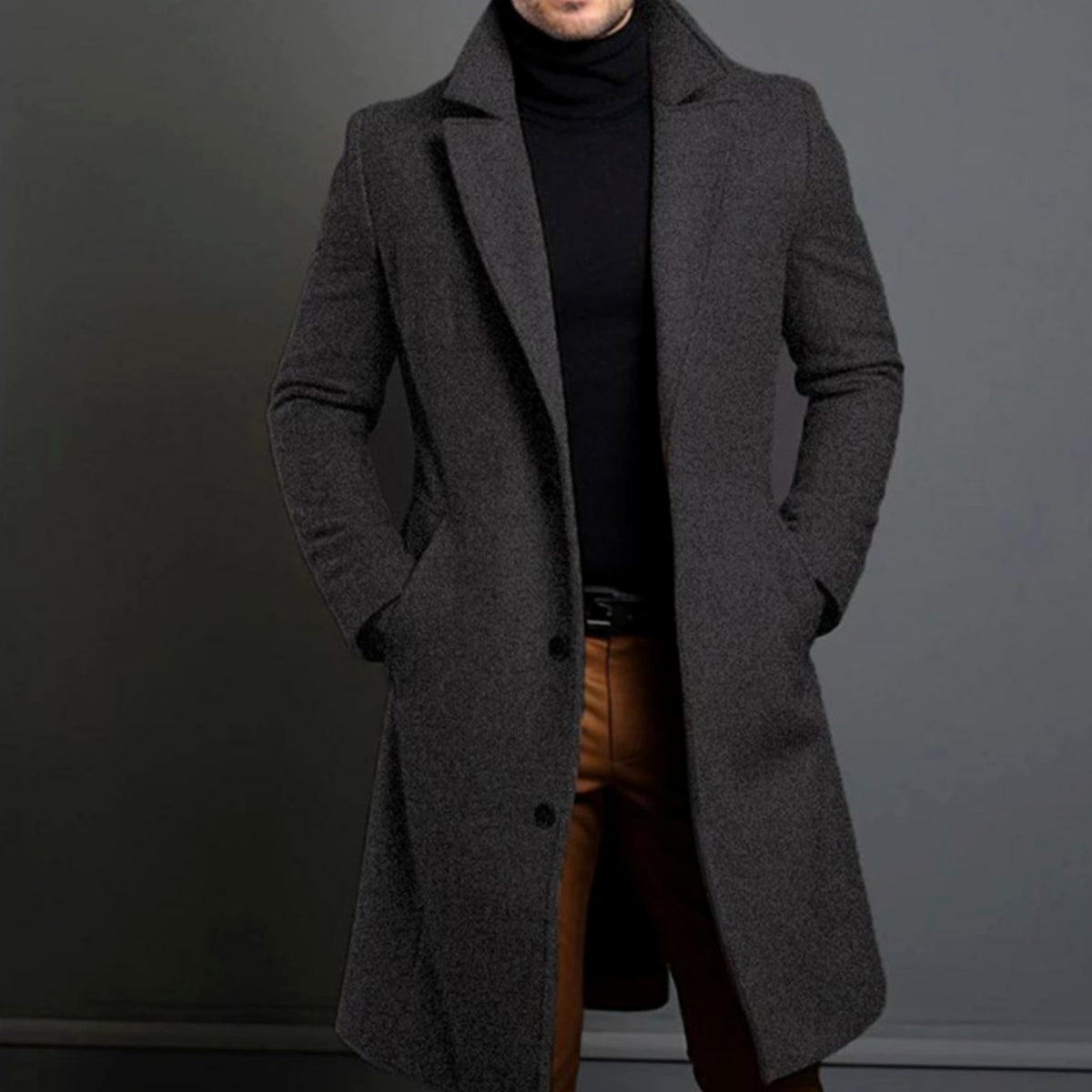 Men's Notched-Lapel Single-Button Long Overcoat 2