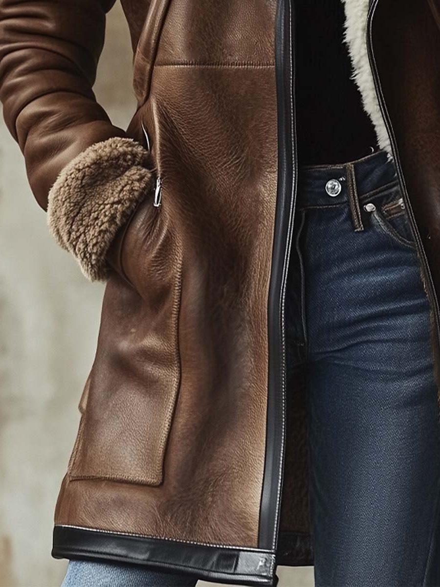 Women's Long Leather Coat with Faux-Fur Collar 3