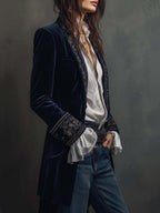 Women's Velvet Embroidered-Lapel Long Blazer 3