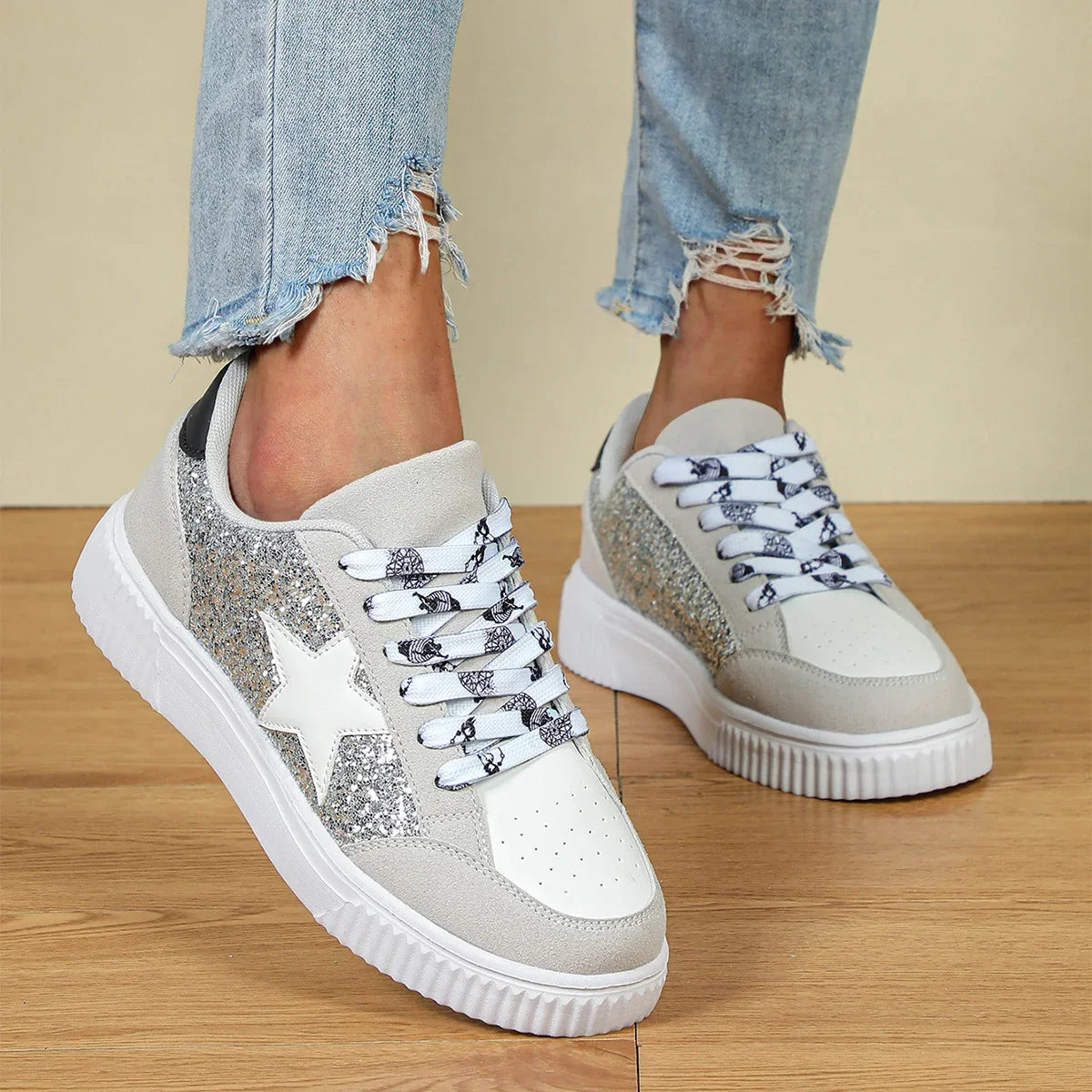 Women's Glitter Star Lace-Up Sneakers 2
