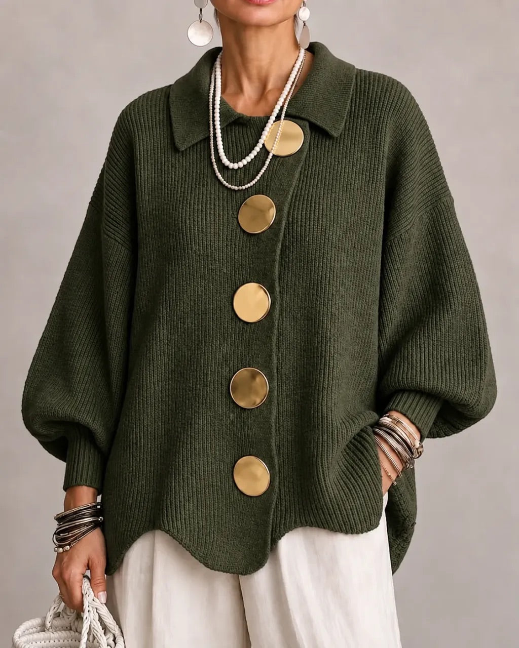 Women's Oversized Collared Chunky-Knit Cardigan 12