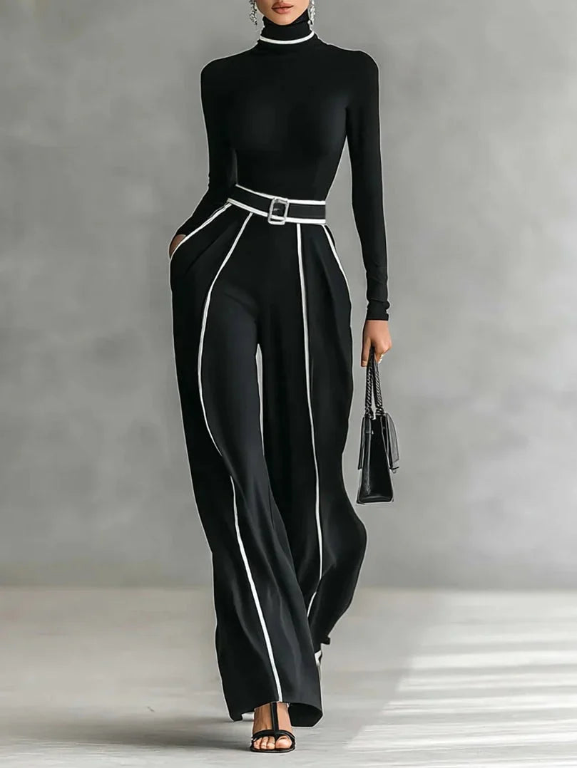 Women's Turtleneck & Belted Wide-Leg Pants Set 1