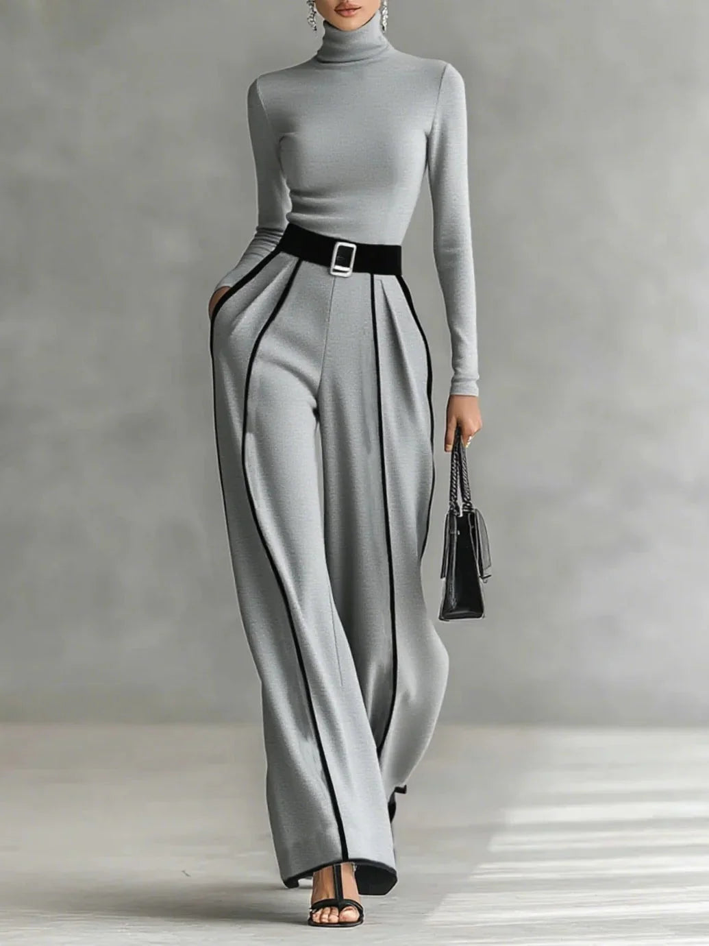 Women's Turtleneck & Belted Wide-Leg Pants Set 7